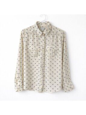 J.Crew 100% Silk Polka Dot Blouse Button Front Cream Gray Size 6